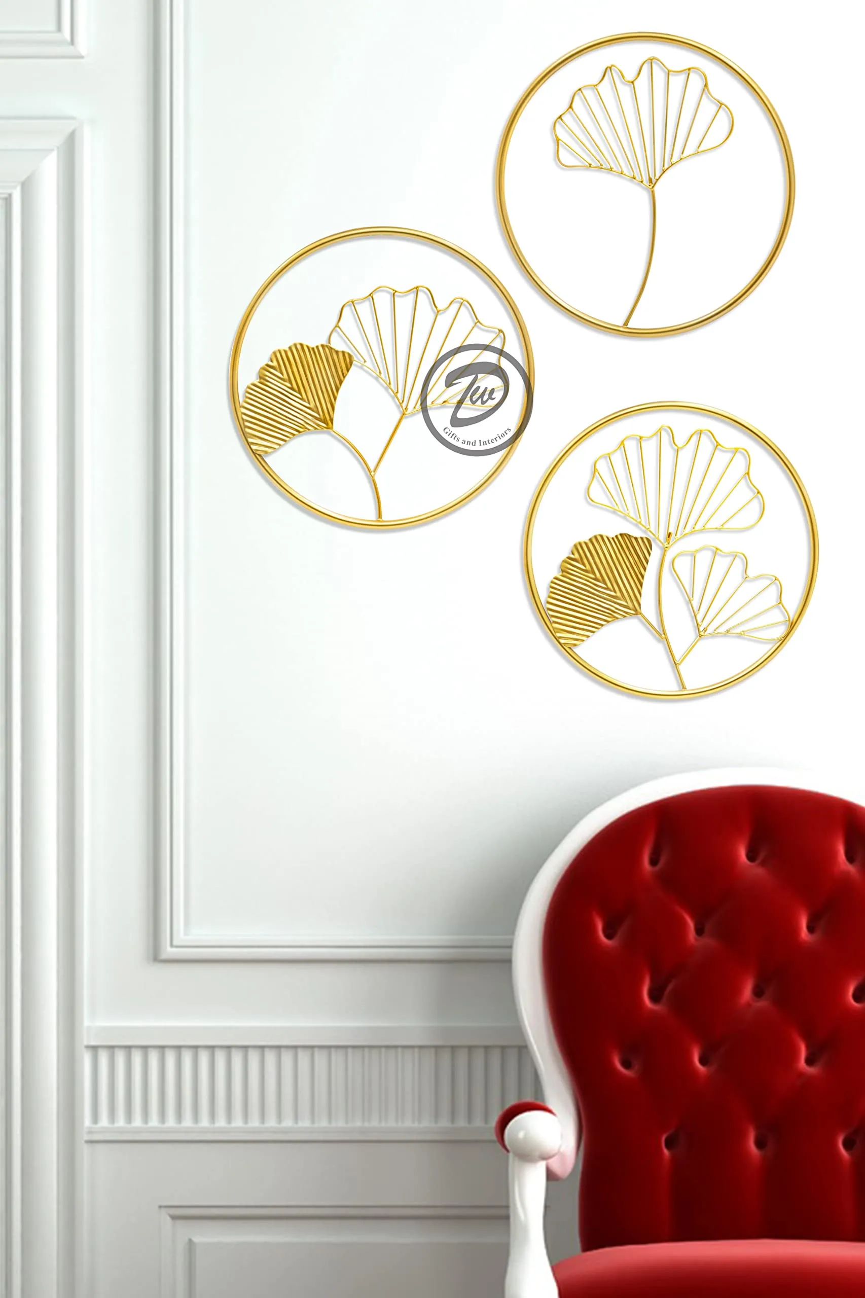 Design World Gifts And Interiors Metal Gingko Leaf Wall Decor Wall Hanging Wall Arts for Home Hotel Office Living Room Bedroom (Set of 3)