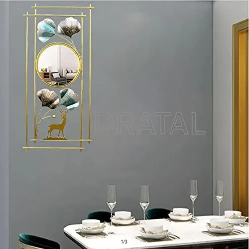 Dratal Metal Ginkgo Leaf & Deer Hanging Wall Mirror Decorative Decor for The Living Room, Bedroom, Bathroom, Hallway, and Entryway