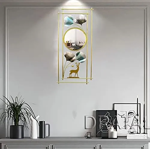 Dratal Metal Ginkgo Leaf & Deer Hanging Wall Mirror Decorative Decor for The Living Room, Bedroom, Bathroom, Hallway, and Entryway
