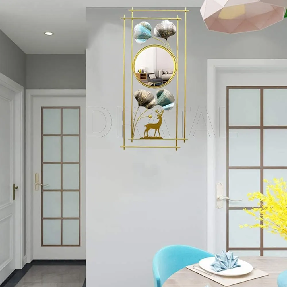 Dratal Metal Ginkgo Leaf & Deer Hanging Wall Mirror Decorative Decor for The Living Room, Bedroom, Bathroom, Hallway, and Entryway