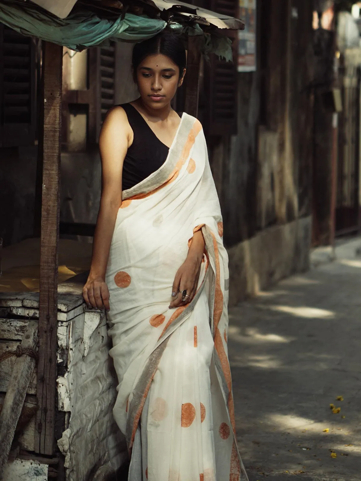 Geometry Orange Grey Dots Saree