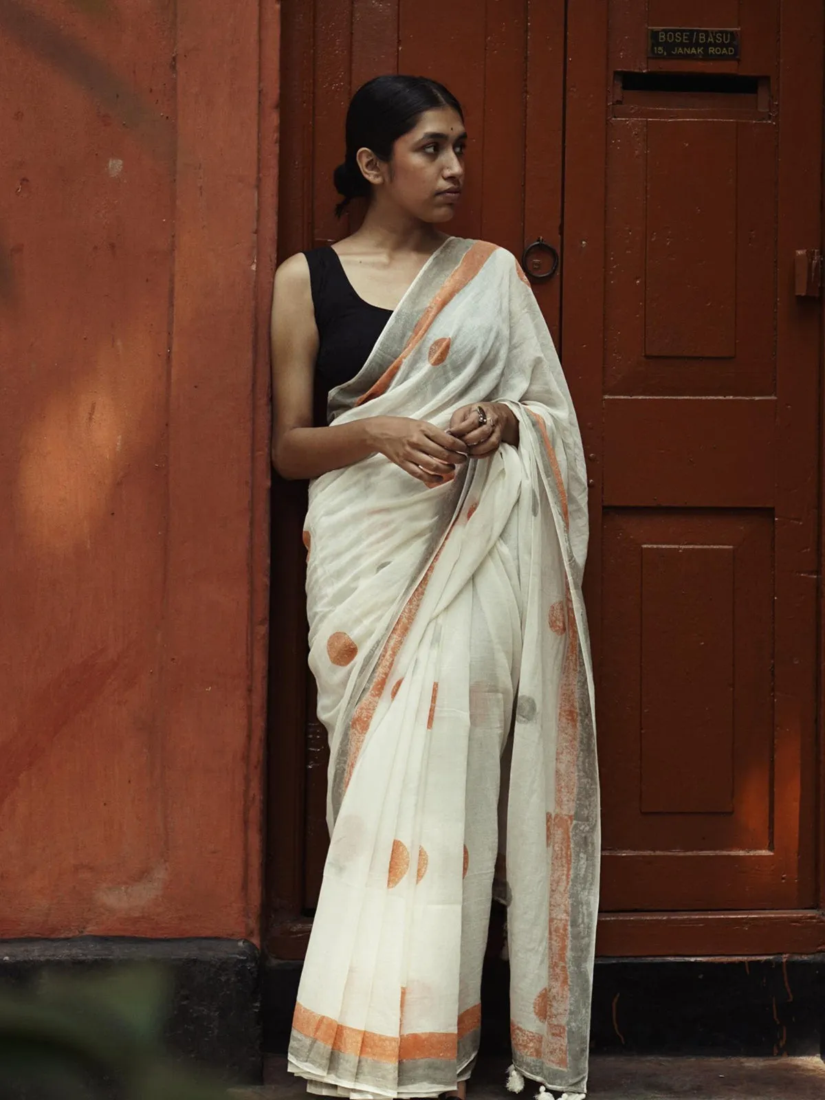 Geometry Orange Grey Dots Saree