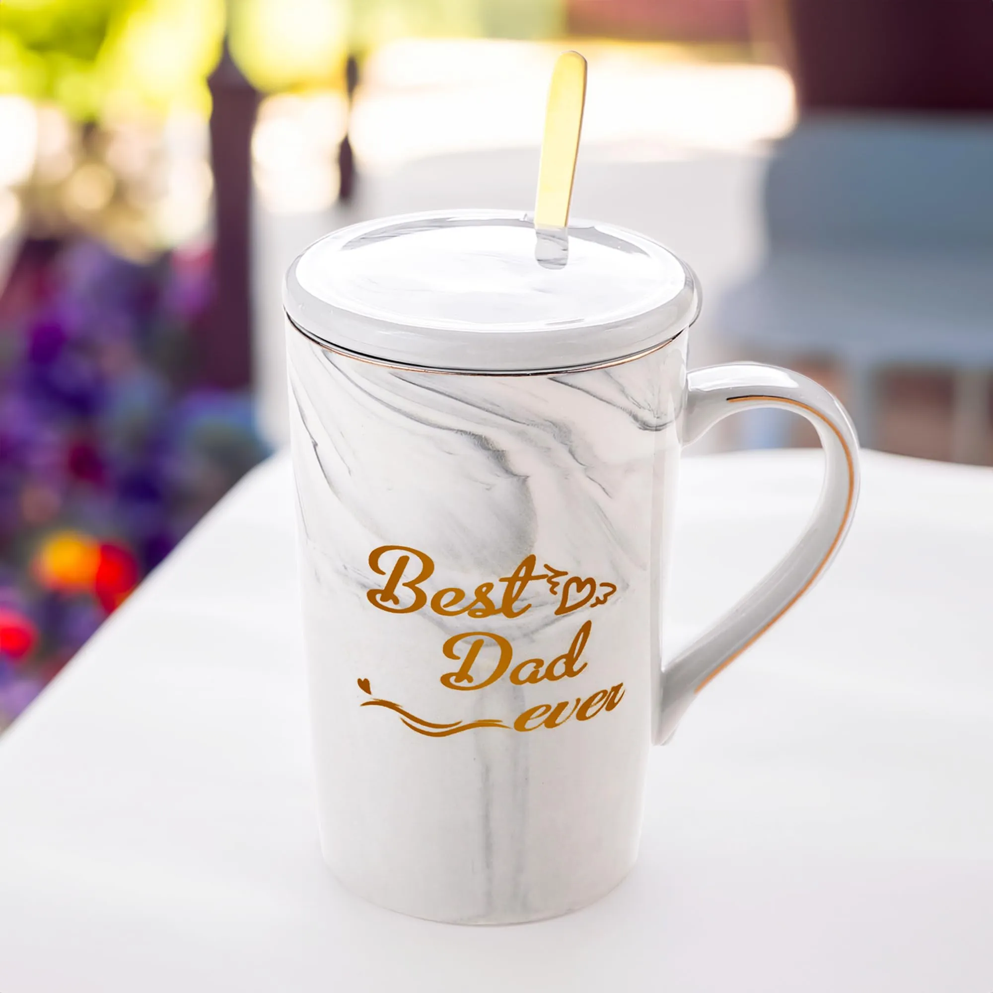 Gleevers Ceramic Coffee Mug with Lid and Spoon | Grey | Chai Mug for Grandfather's, Best Dad Ever Gift | Gift for Dad