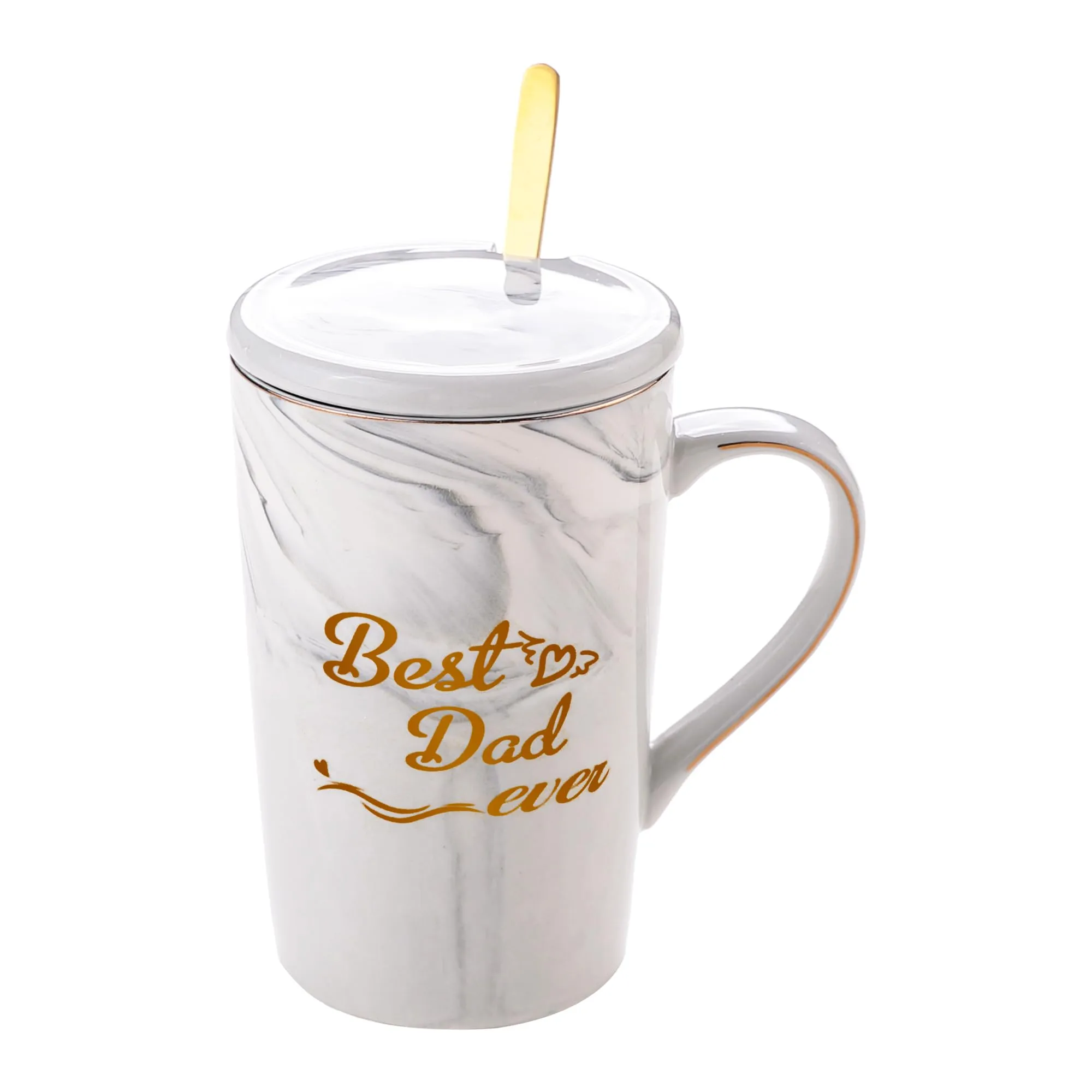 Gleevers Ceramic Coffee Mug with Lid and Spoon | Grey | Chai Mug for Grandfather's, Best Dad Ever Gift | Gift for Dad