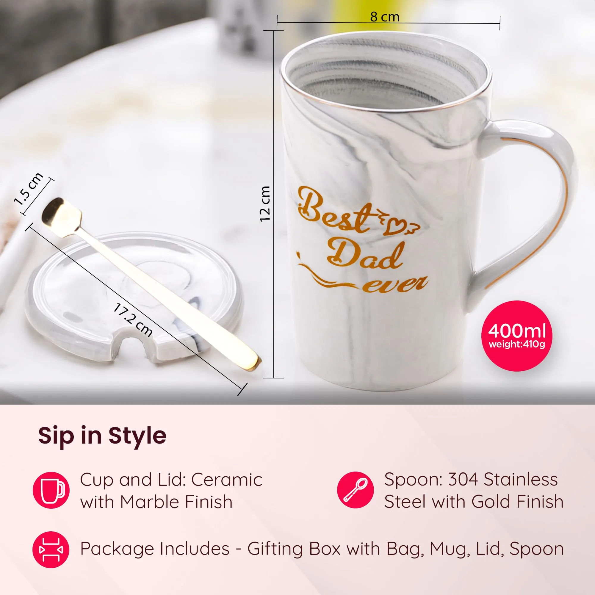 Gleevers Ceramic Coffee Mug with Lid and Spoon | Grey | Chai Mug for Grandfather's, Best Dad Ever Gift | Gift for Dad