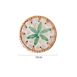 (Green Leaf Pattern) Set of 5 Rattan & Shell Coasters | Decorative & Heat Resistant