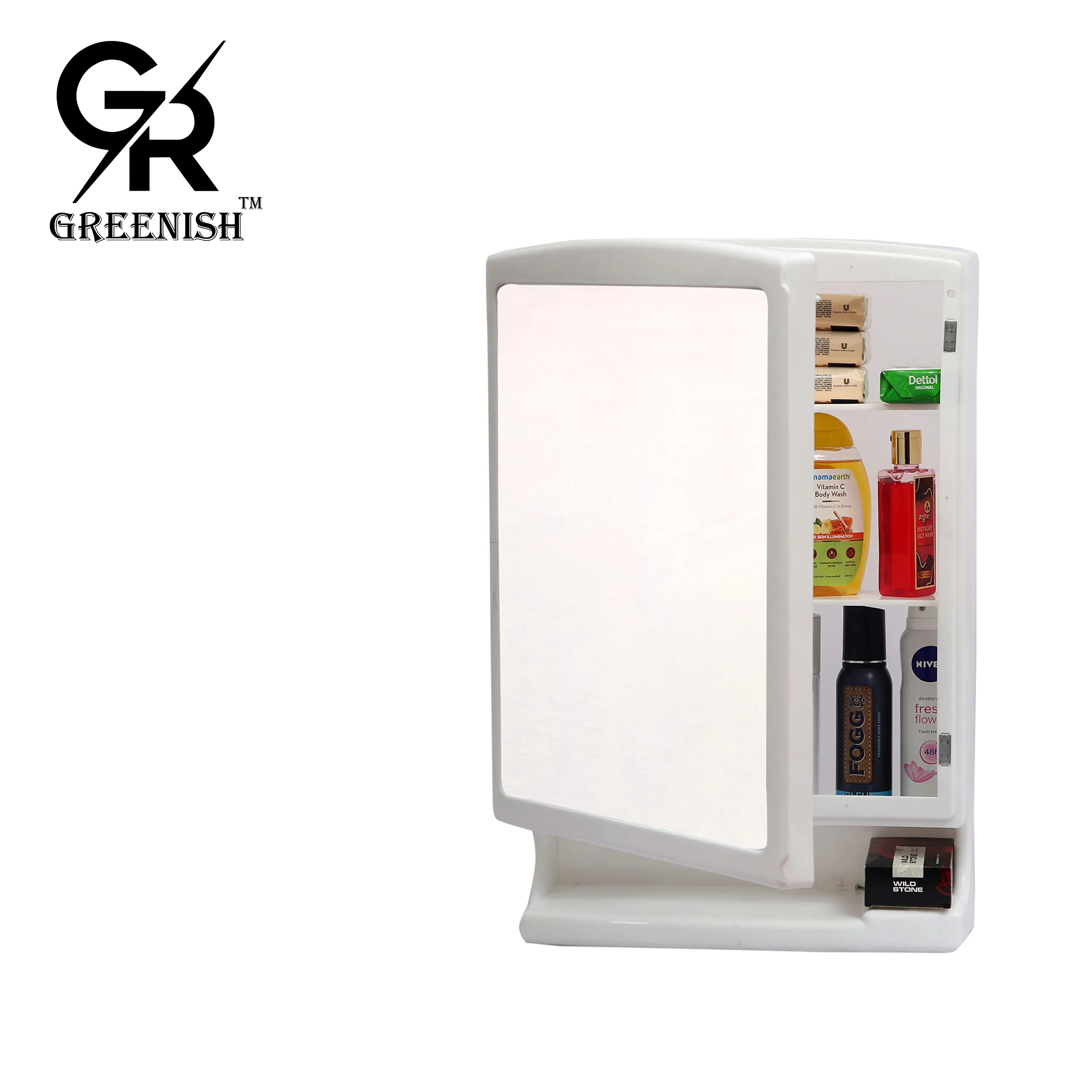 GREENISH PVC Bathroom Mirror Cabinet Heavy Rich Look with Mirror Storage Organizer (21”X13”)– White