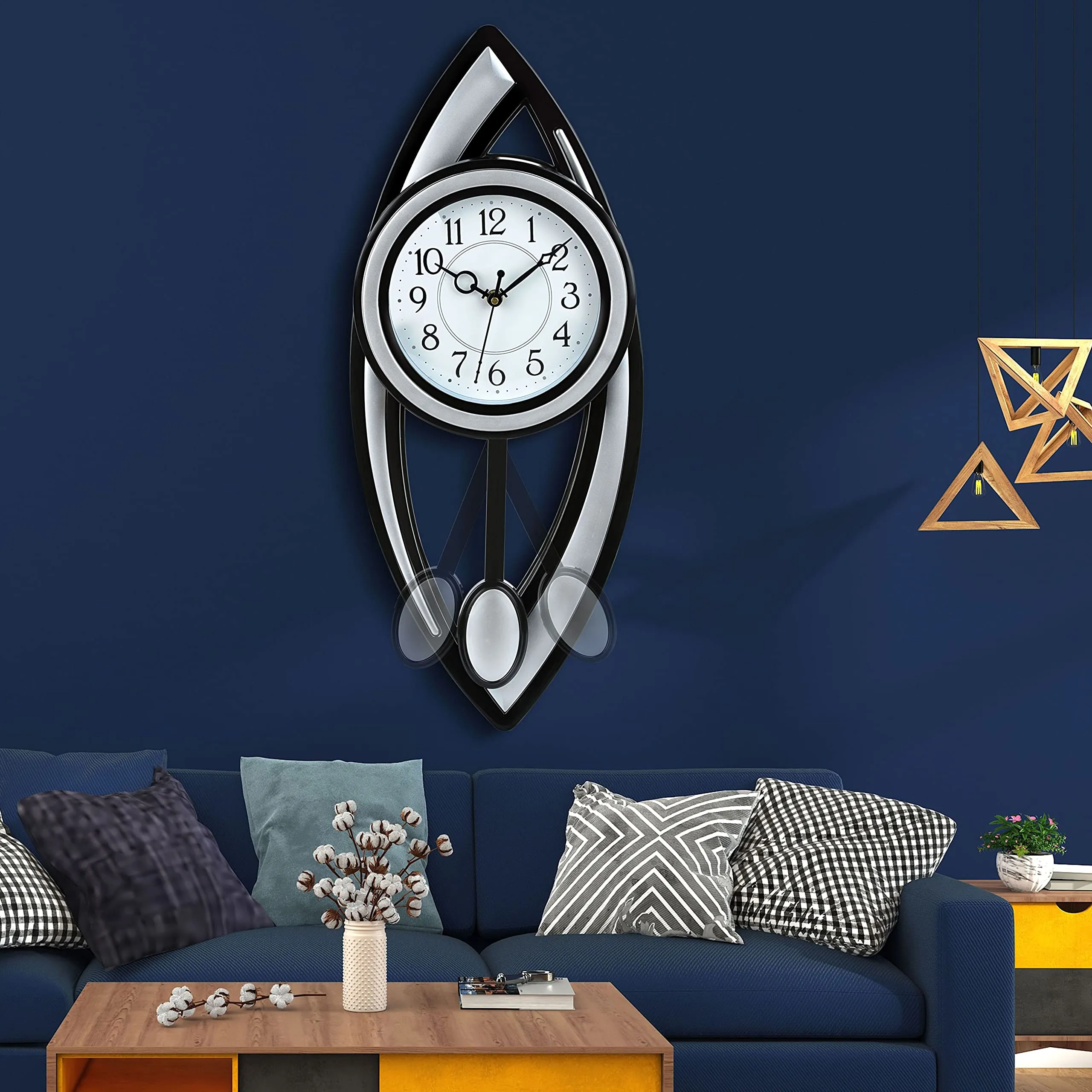 Harbour Analog Latest Stylish Plastic Wall Clock with Pendulum for Home Living Room Hall Bedroom (Silver , Size Height 52 cm X Width 22 cm)