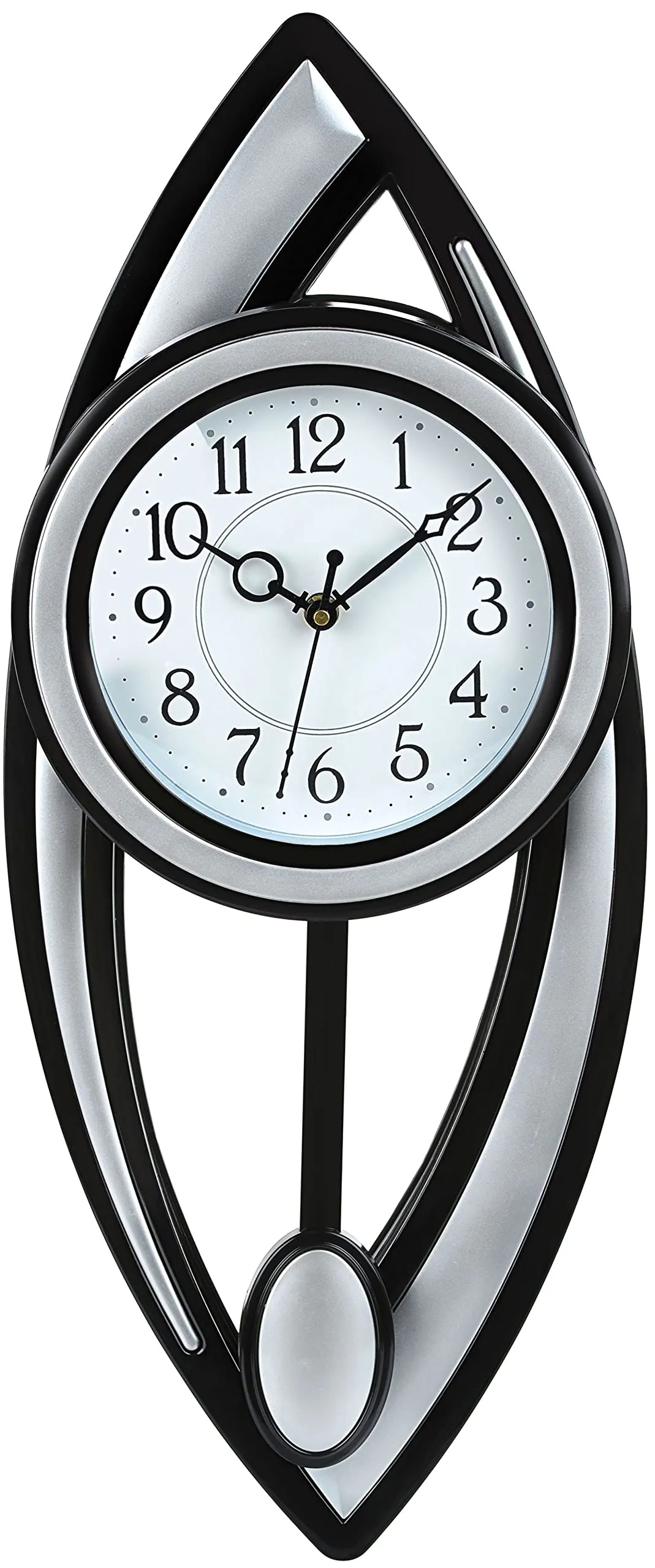 Harbour Analog Latest Stylish Plastic Wall Clock with Pendulum for Home Living Room Hall Bedroom (Silver , Size Height 52 cm X Width 22 cm)