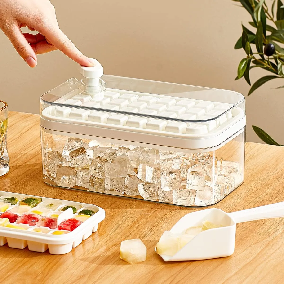 Kuber Industries Pack of 2| 2 Layer Ice Cube Tray with Lid | Ice Cube Storage Box with Ice Scoop | 64 Ice Cube Molds for Freezing | One-Press Demolding | BPA Free | White