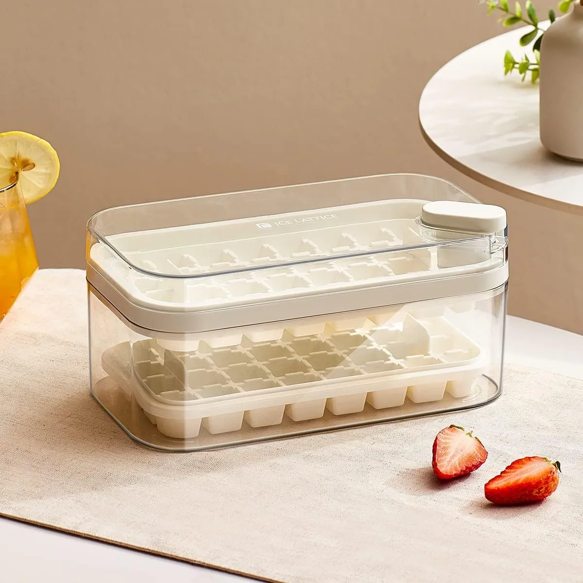 Kuber Industries Pack of 2| 2 Layer Ice Cube Tray with Lid | Ice Cube Storage Box with Ice Scoop | 64 Ice Cube Molds for Freezing | One-Press Demolding | BPA Free | White