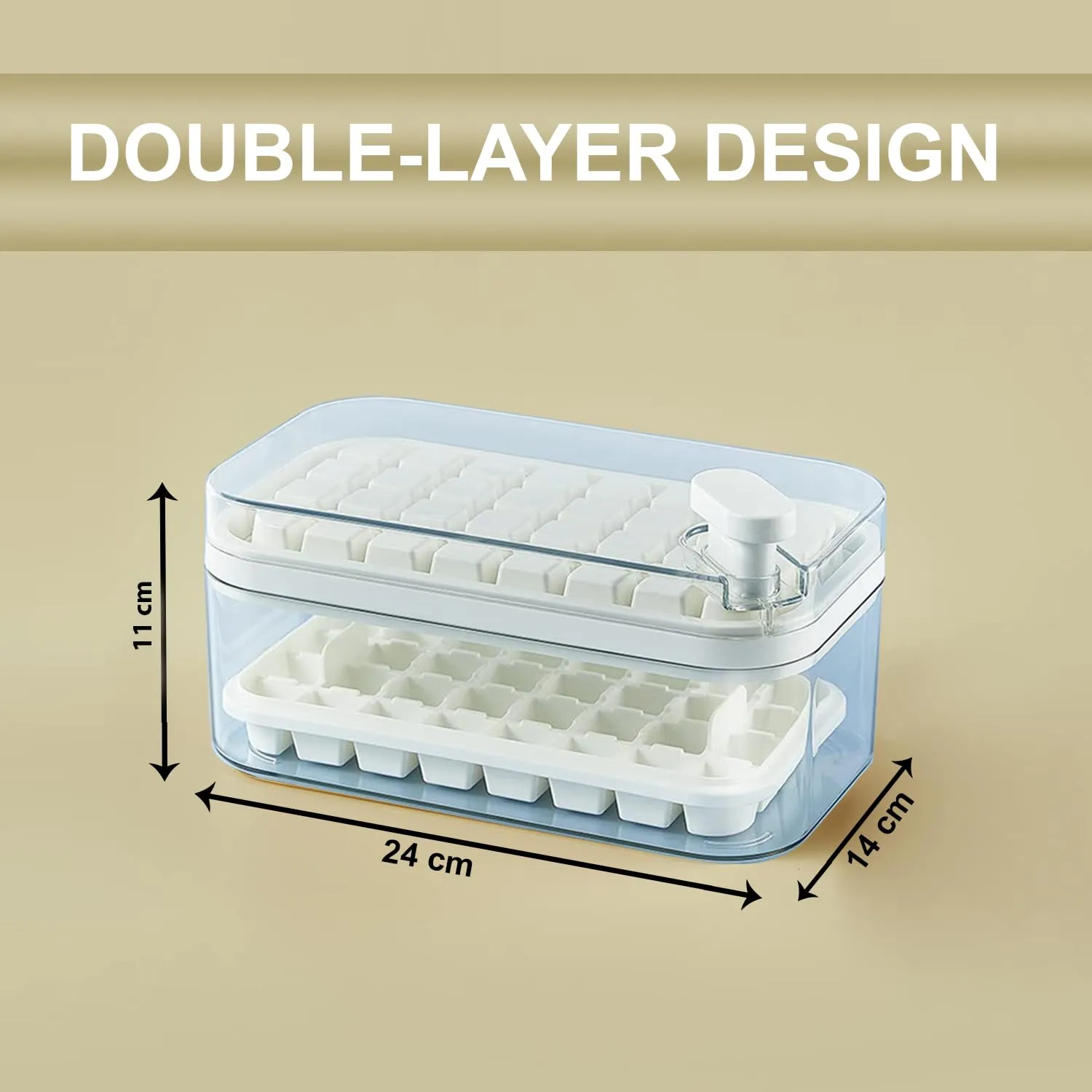 Kuber Industries Pack of 2| 2 Layer Ice Cube Tray with Lid | Ice Cube Storage Box with Ice Scoop | 64 Ice Cube Molds for Freezing | One-Press Demolding | BPA Free | White