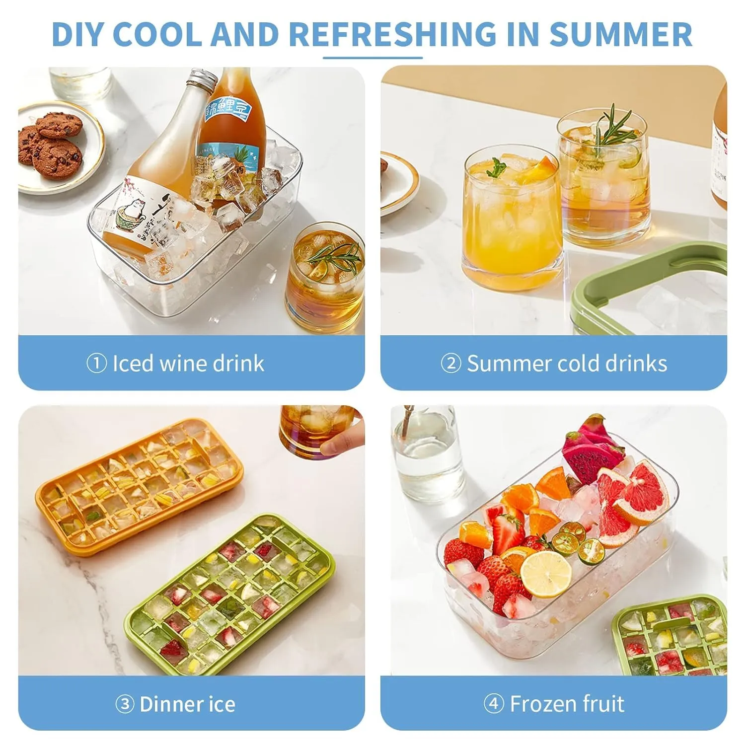 Kuber Industries Pack of 2| 2 Layer Ice Cube Tray with Lid | Ice Cube Storage Box with Ice Scoop | 64 Ice Cube Molds for Freezing | One-Press Demolding | BPA Free | White