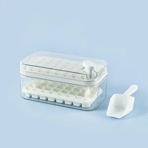 Kuber Industries Pack of 2| 2 Layer Ice Cube Tray with Lid | Ice Cube Storage Box with Ice Scoop | 64 Ice Cube Molds for Freezing | One-Press Demolding | BPA Free | White