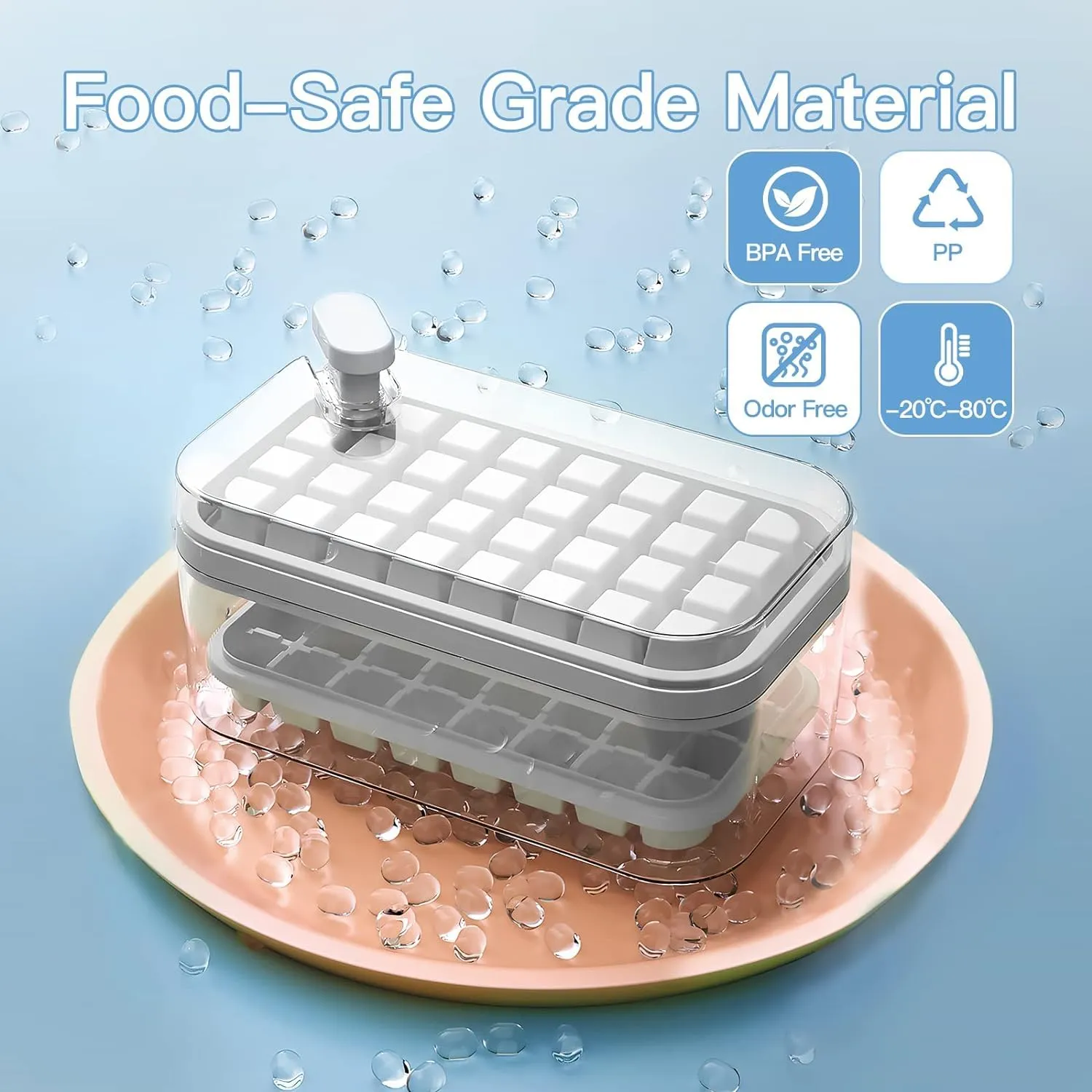 Kuber Industries Pack of 2| 2 Layer Ice Cube Tray with Lid | Ice Cube Storage Box with Ice Scoop | 64 Ice Cube Molds for Freezing | One-Press Demolding | BPA Free | White