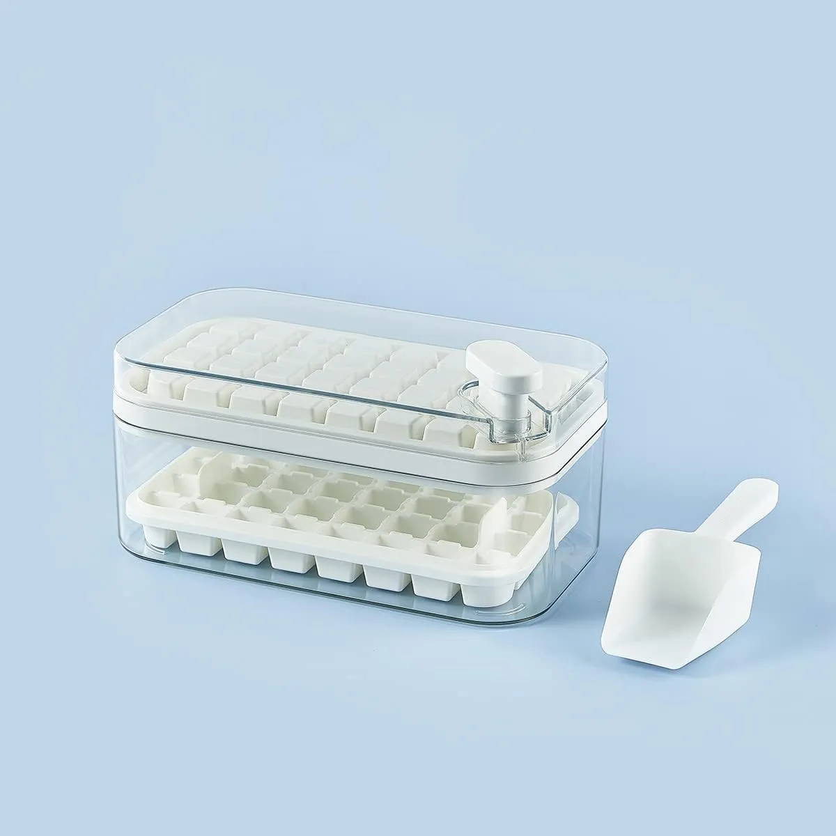 Kuber Industries Pack of 2| 2 Layer Ice Cube Tray with Lid | Ice Cube Storage Box with Ice Scoop | 64 Ice Cube Molds for Freezing | One-Press Demolding | BPA Free | White