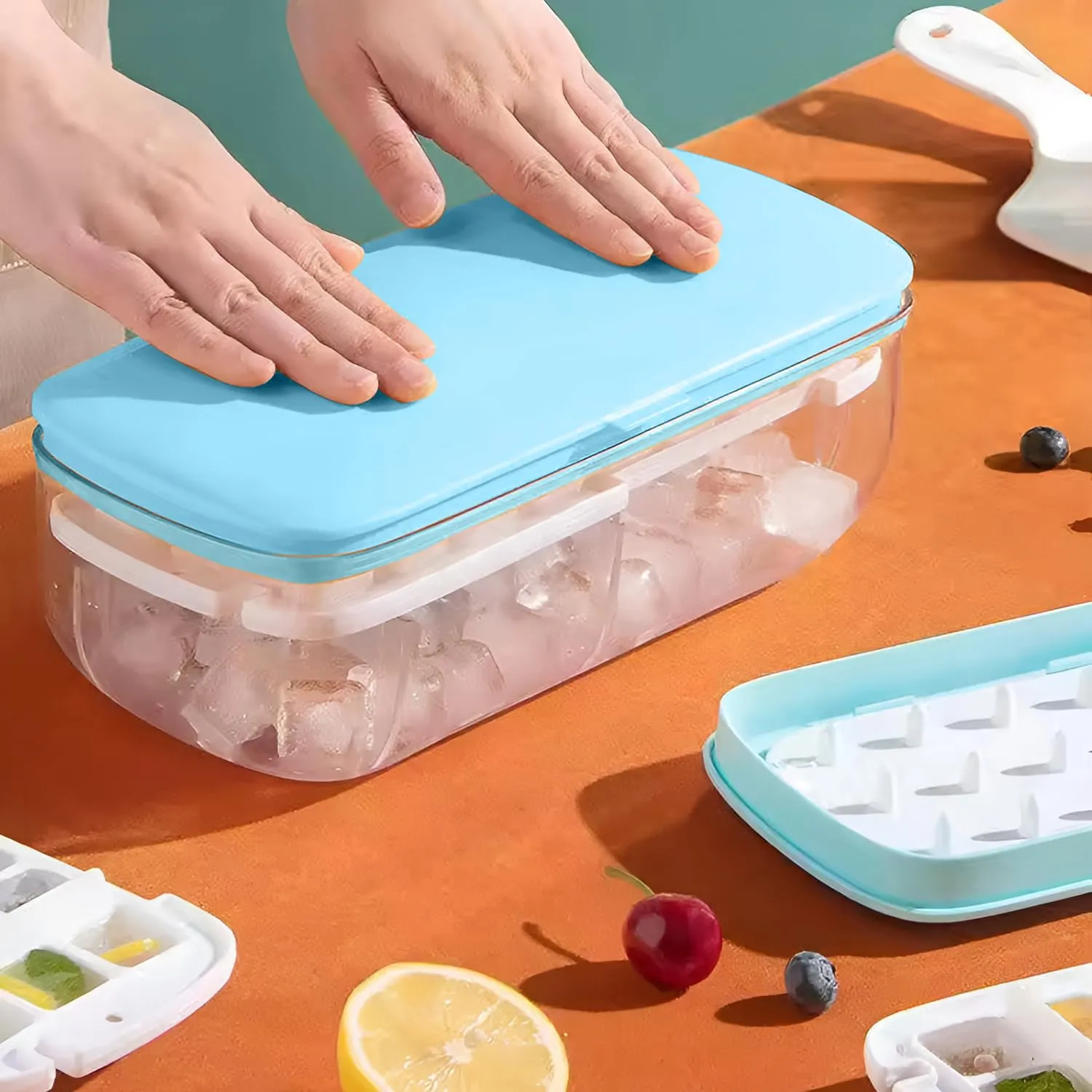 Kuber Industries Pack of 3 Ice Cube Tray with Lid | Ice Cube Storage Box with Ice Scoop | 24 Ice Cube Molds for Freezing | One-Press Demolding | BPA Free | Blue