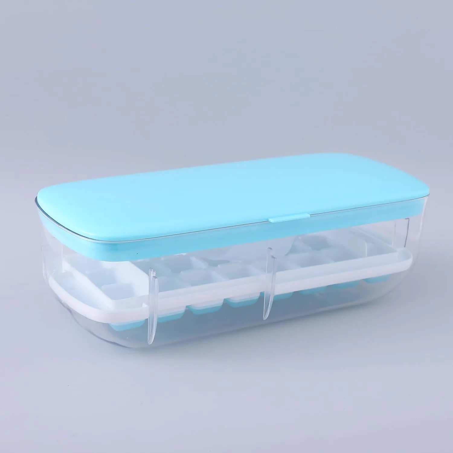 Kuber Industries Pack of 3 Ice Cube Tray with Lid | Ice Cube Storage Box with Ice Scoop | 24 Ice Cube Molds for Freezing | One-Press Demolding | BPA Free | Blue