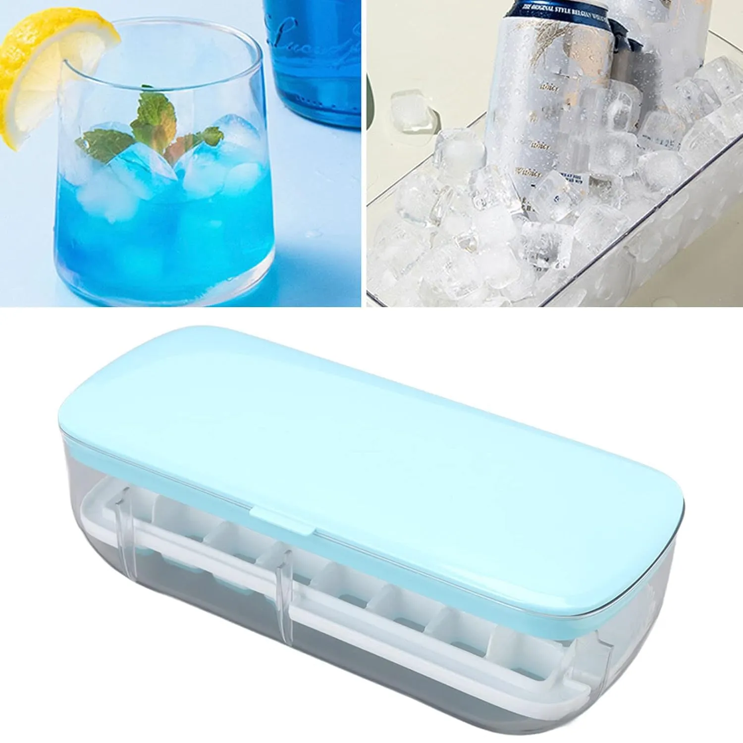 Kuber Industries Pack of 3 Ice Cube Tray with Lid | Ice Cube Storage Box with Ice Scoop | 24 Ice Cube Molds for Freezing | One-Press Demolding | BPA Free | Blue
