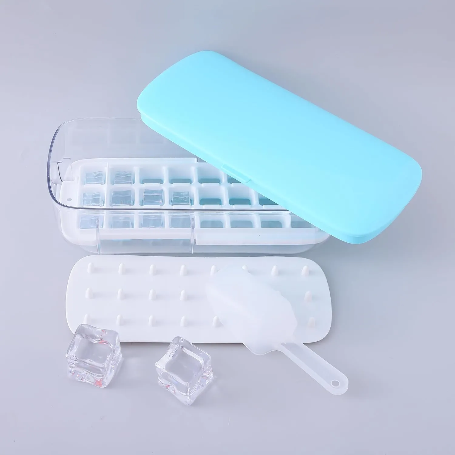 Kuber Industries Pack of 3 Ice Cube Tray with Lid | Ice Cube Storage Box with Ice Scoop | 24 Ice Cube Molds for Freezing | One-Press Demolding | BPA Free | Blue