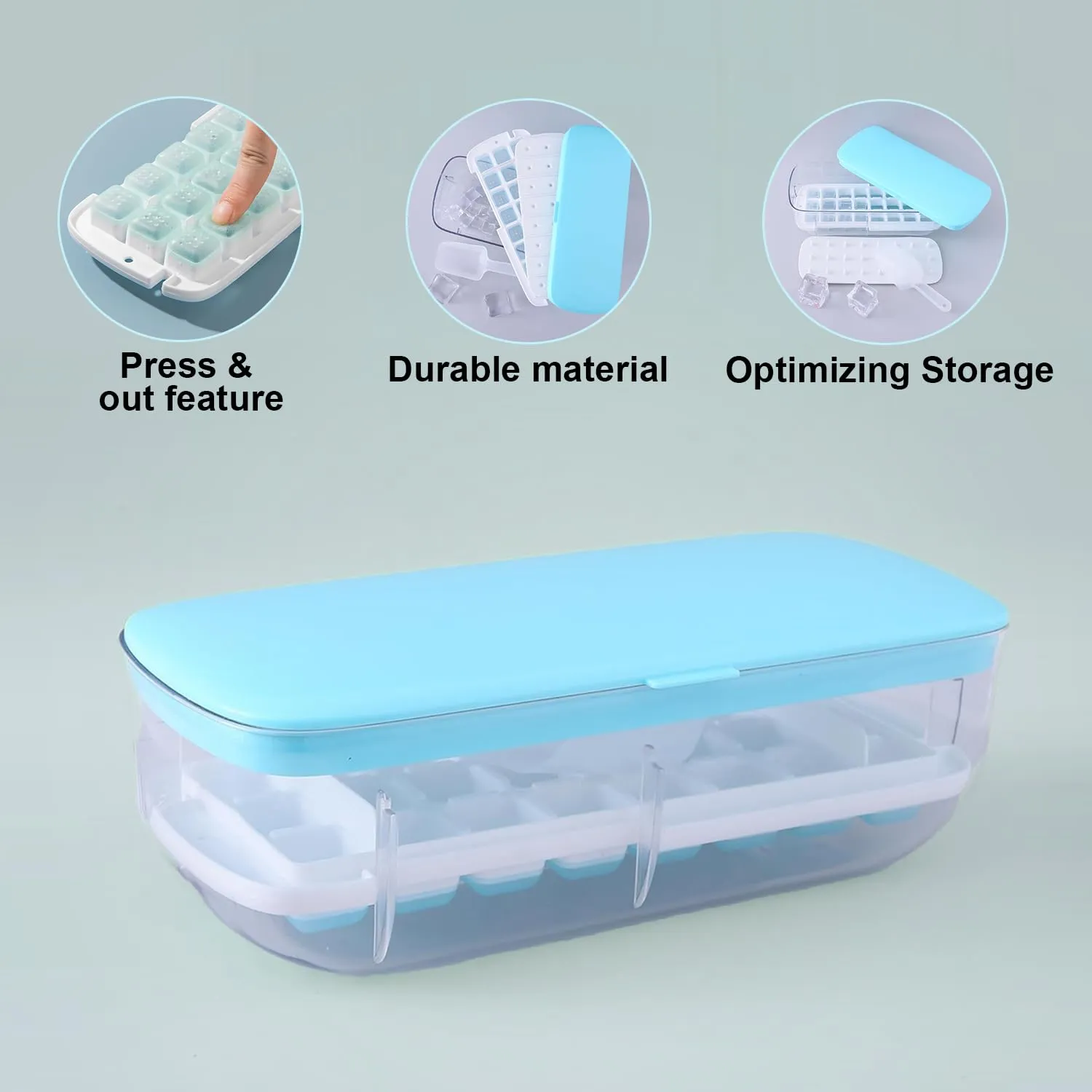 Kuber Industries Pack of 3 Ice Cube Tray with Lid | Ice Cube Storage Box with Ice Scoop | 24 Ice Cube Molds for Freezing | One-Press Demolding | BPA Free | Blue