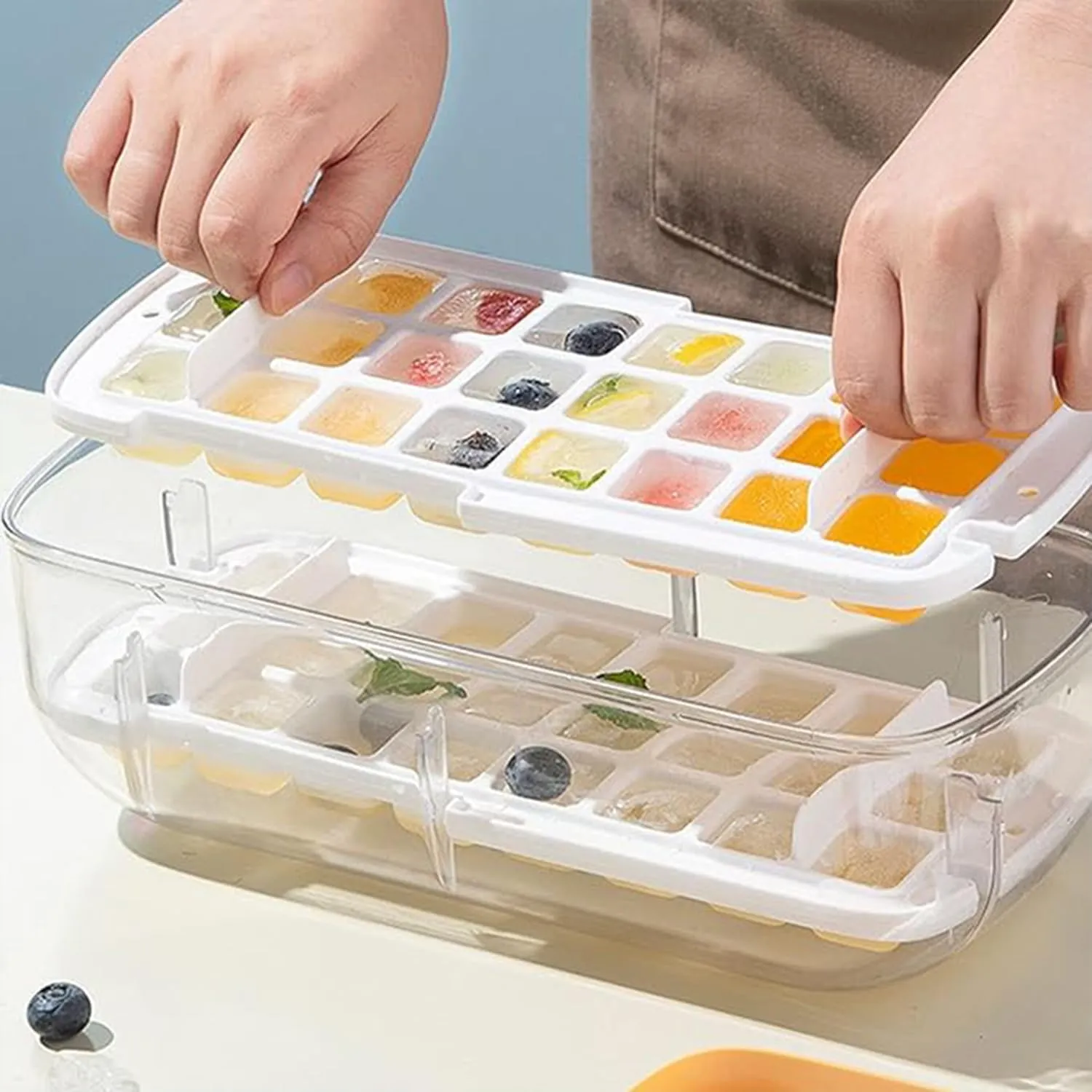 Kuber Industries Pack of 3 Ice Cube Tray with Lid | Ice Cube Storage Box with Ice Scoop | 24 Ice Cube Molds for Freezing | One-Press Demolding | BPA Free | Blue