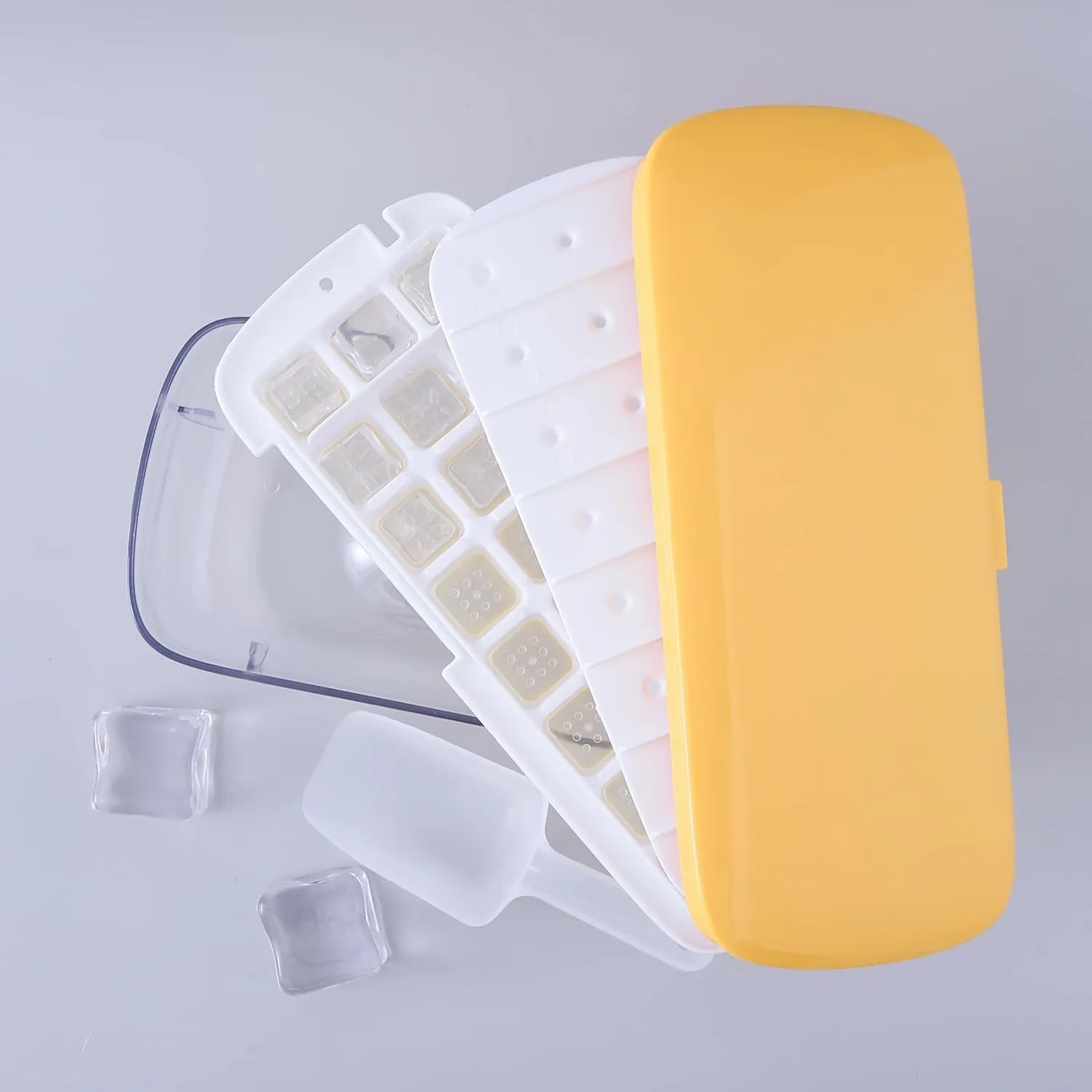 Kuber Industries Pack of 3 Ice Cube Tray with Lid | Ice Cube Storage Box with Ice Scoop | 24 Ice Cube Molds for Freezing | One-Press Demolding | BPA Free | Yellow