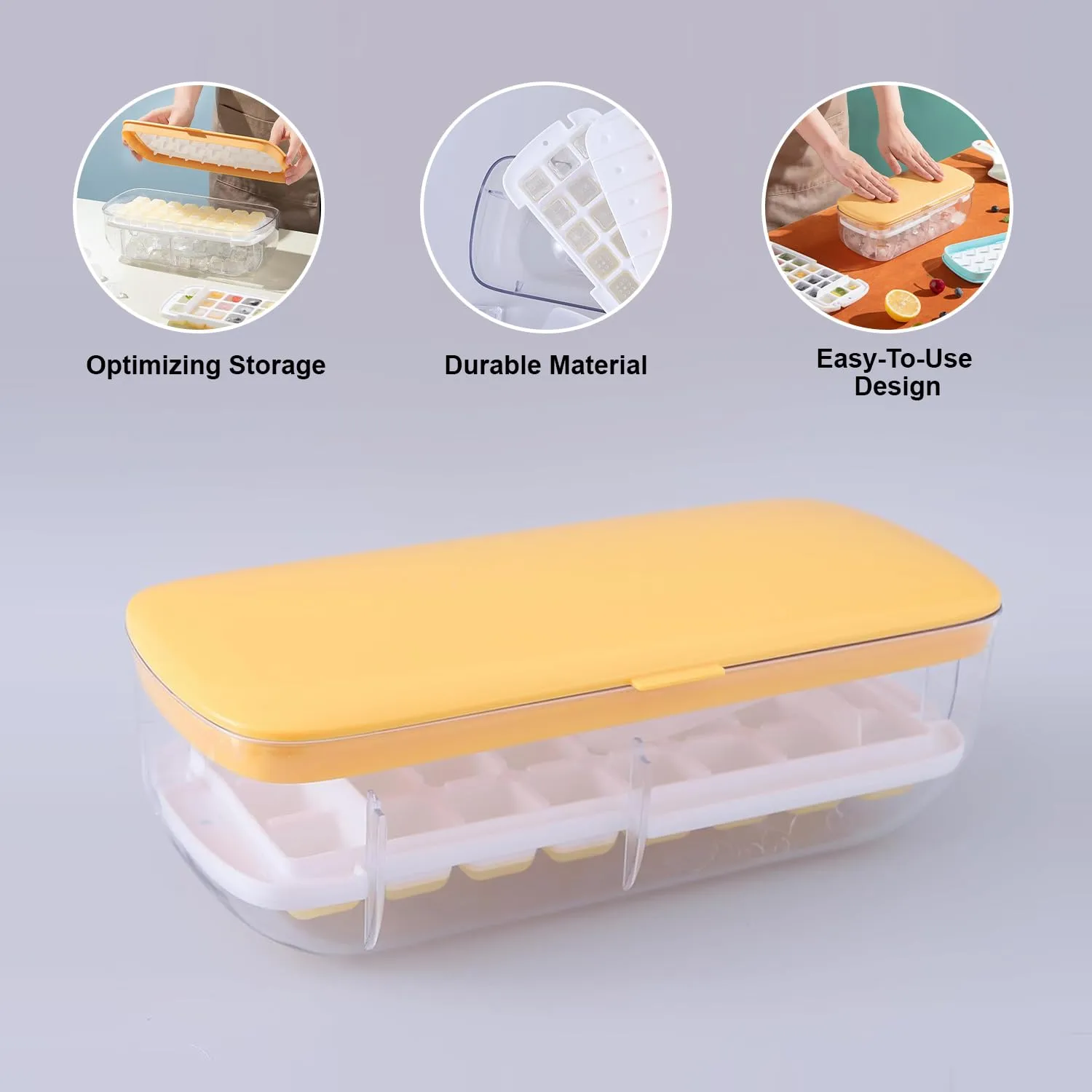 Kuber Industries Pack of 3 Ice Cube Tray with Lid | Ice Cube Storage Box with Ice Scoop | 24 Ice Cube Molds for Freezing | One-Press Demolding | BPA Free | Yellow