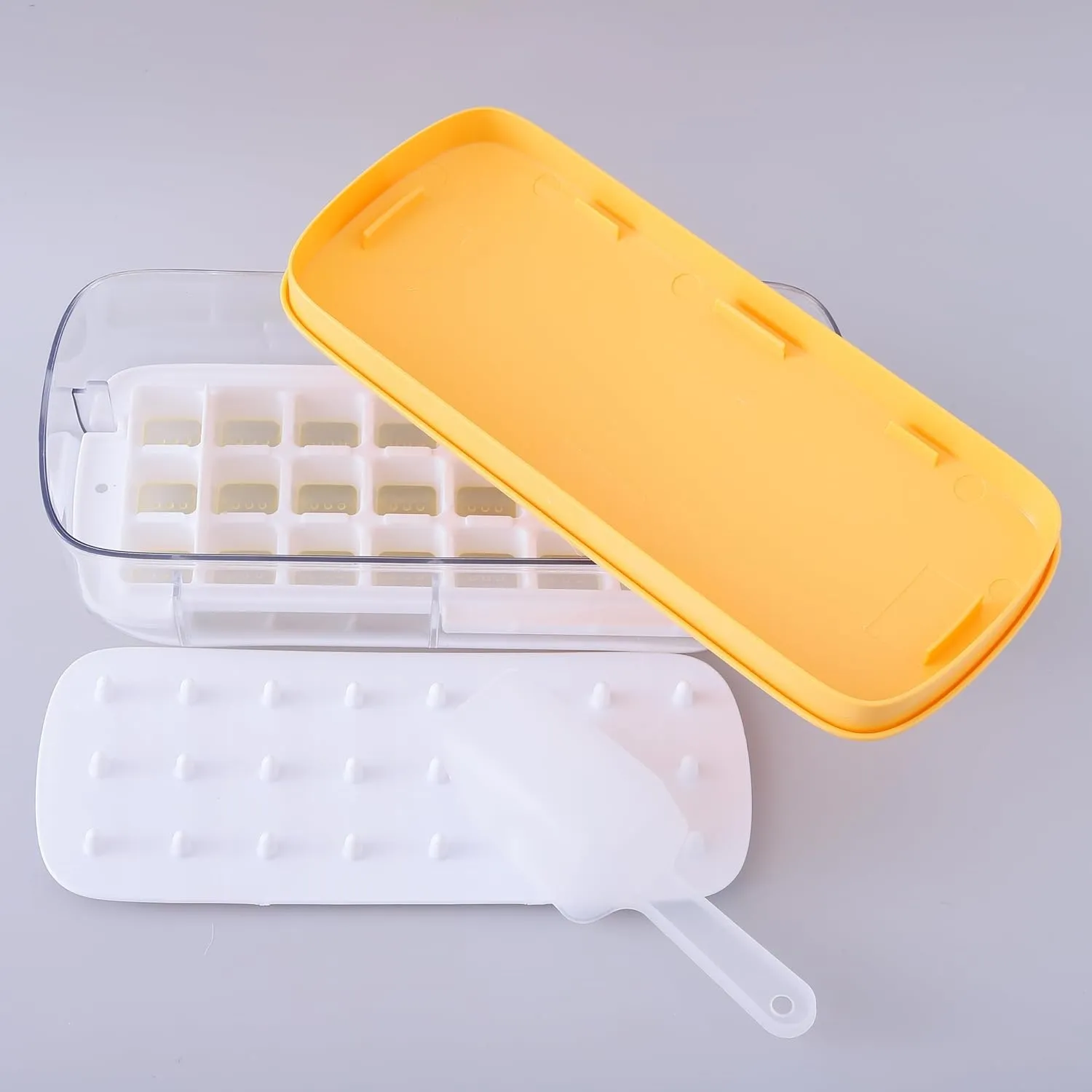 Kuber Industries Pack of 3 Ice Cube Tray with Lid | Ice Cube Storage Box with Ice Scoop | 24 Ice Cube Molds for Freezing | One-Press Demolding | BPA Free | Yellow