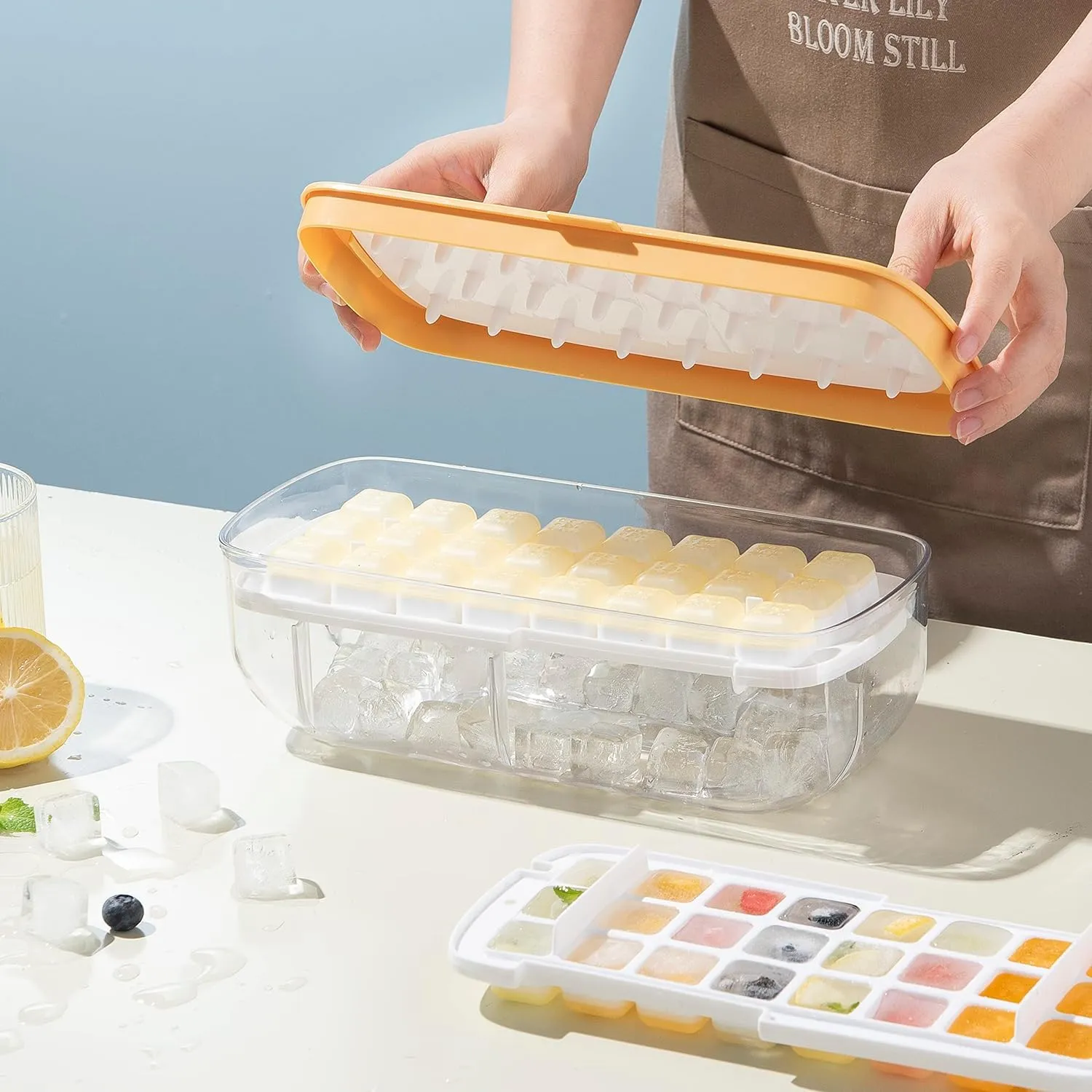 Kuber Industries Pack of 3 Ice Cube Tray with Lid | Ice Cube Storage Box with Ice Scoop | 24 Ice Cube Molds for Freezing | One-Press Demolding | BPA Free | Yellow