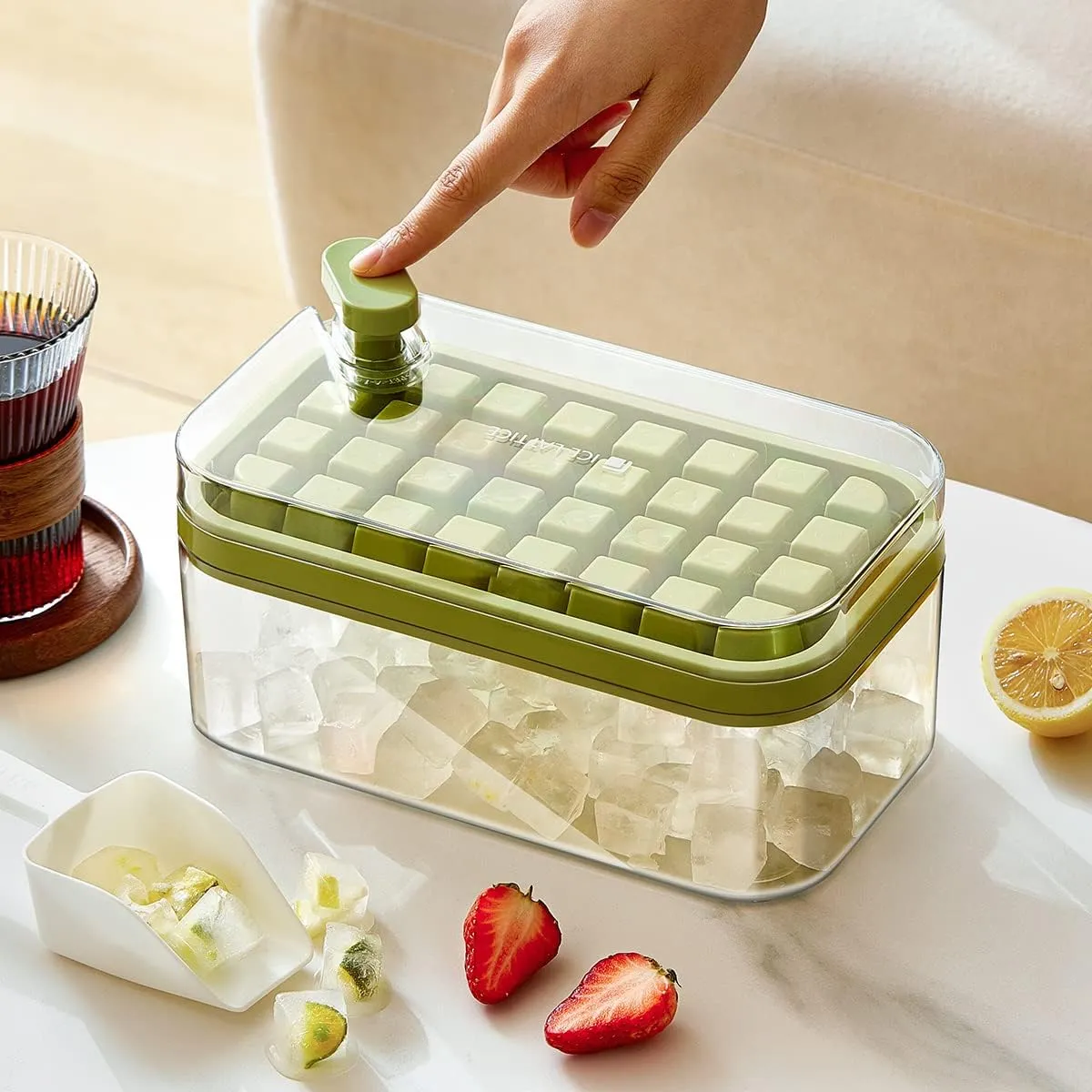Kuber Industries Pack of 4| 2 Layer Ice Cube Tray with Lid | Ice Cube Storage Box with Ice Scoop | 64 Ice Cube Molds for Freezing | One-Press Demolding | BPA Free | Green