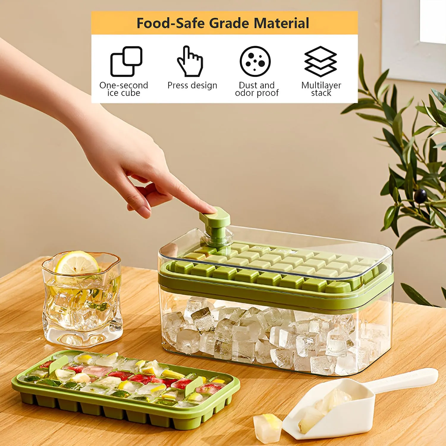 Kuber Industries Pack of 4| 2 Layer Ice Cube Tray with Lid | Ice Cube Storage Box with Ice Scoop | 64 Ice Cube Molds for Freezing | One-Press Demolding | BPA Free | Green