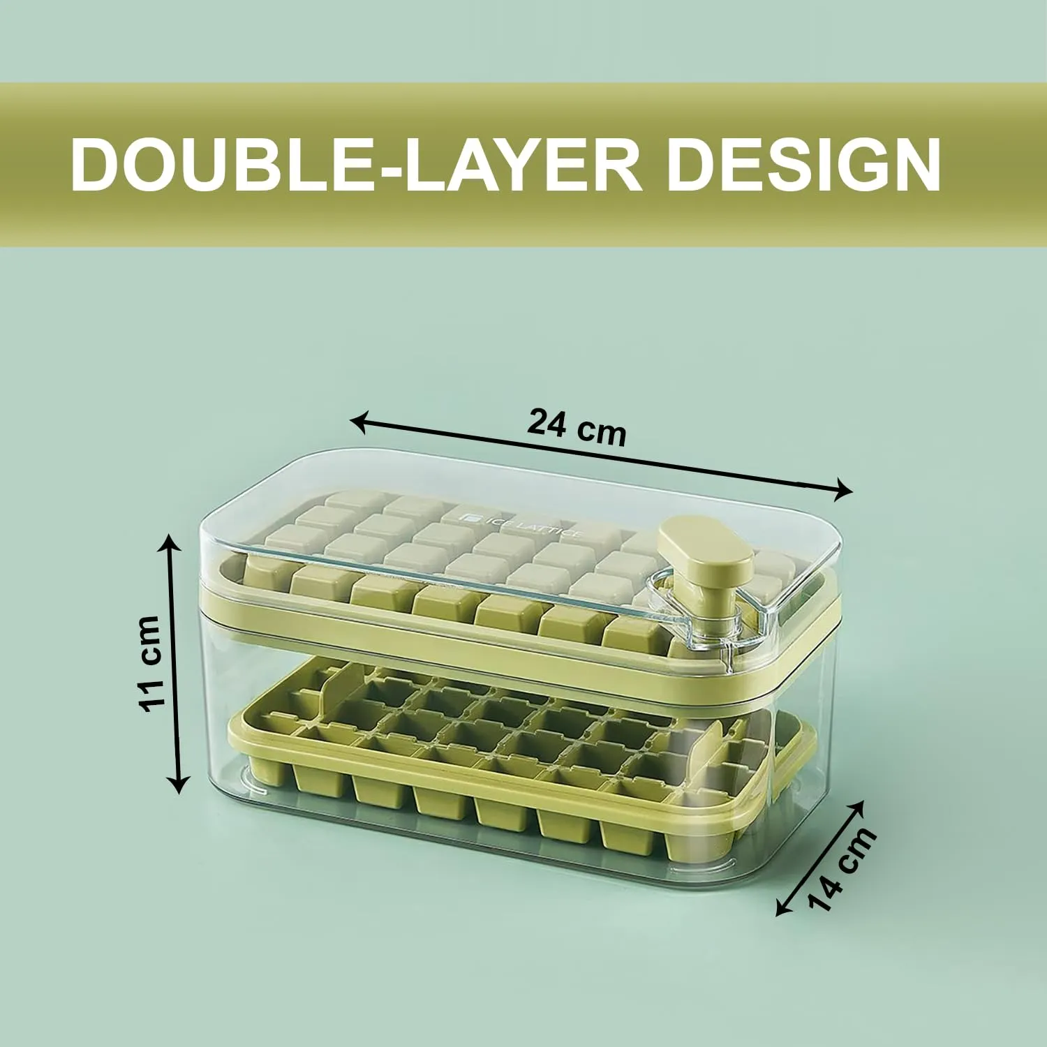 Kuber Industries Pack of 4| 2 Layer Ice Cube Tray with Lid | Ice Cube Storage Box with Ice Scoop | 64 Ice Cube Molds for Freezing | One-Press Demolding | BPA Free | Green