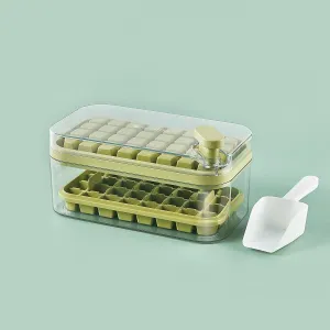 Kuber Industries Pack of 4| 2 Layer Ice Cube Tray with Lid | Ice Cube Storage Box with Ice Scoop | 64 Ice Cube Molds for Freezing | One-Press Demolding | BPA Free | Green