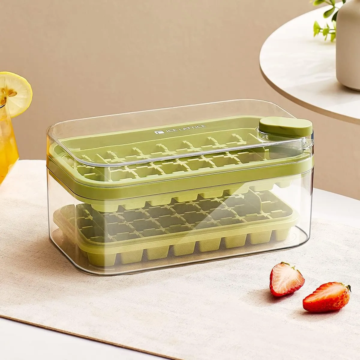 Kuber Industries Pack of 4| 2 Layer Ice Cube Tray with Lid | Ice Cube Storage Box with Ice Scoop | 64 Ice Cube Molds for Freezing | One-Press Demolding | BPA Free | Green