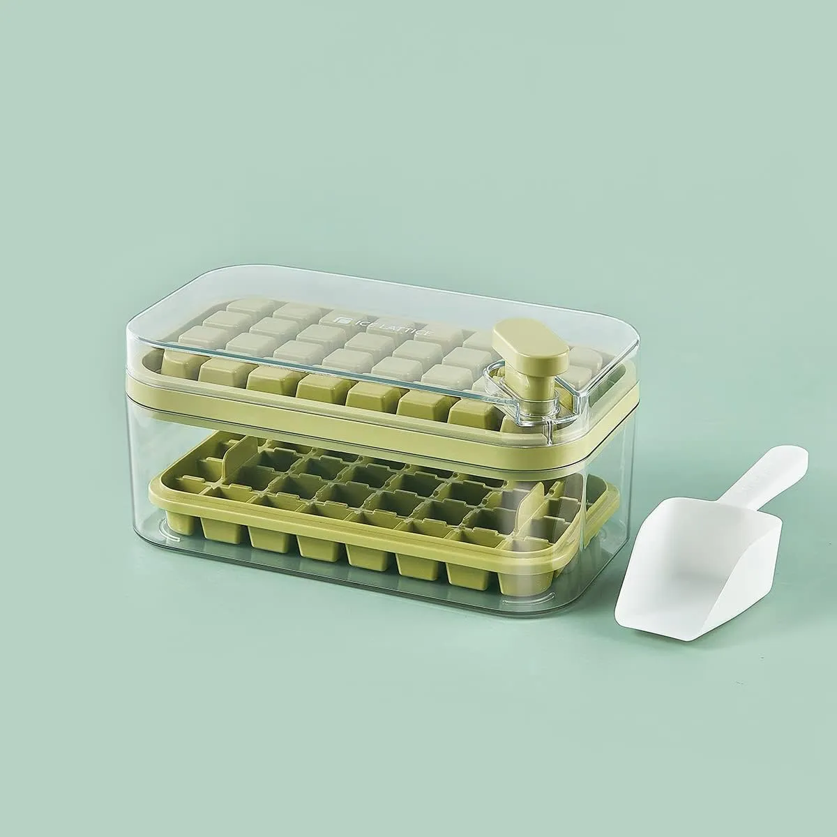 Kuber Industries Pack of 4| 2 Layer Ice Cube Tray with Lid | Ice Cube Storage Box with Ice Scoop | 64 Ice Cube Molds for Freezing | One-Press Demolding | BPA Free | Green