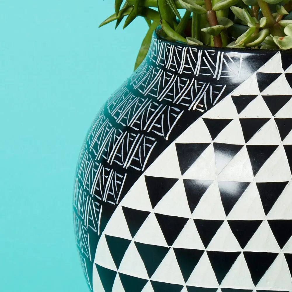Large Kisii Stone Black White Geometric Succulent Pot