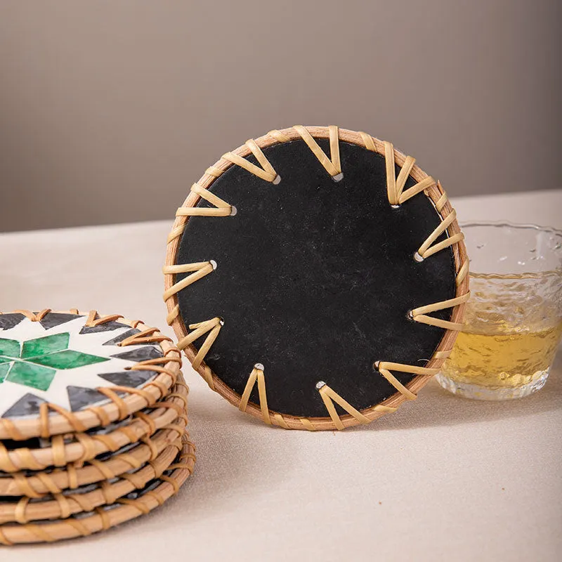 (Love Blue) Set of 5 Rattan & Shell Coasters | Decorative & Heat Resistant