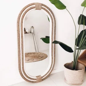 M H TRADING Handmade Wooden Vintage Frame Oval Shape Wall-Mounted Mirror, Mirror for Bathroom, Living Room, Wall Basin, Study Room, Office, White & Brown Rope (18 X 24)