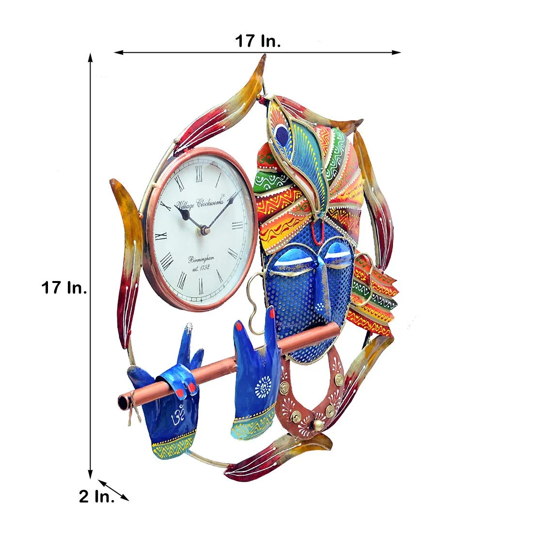 Medieval Arts Iron Decorative Krishna Figure with Wall Clock for Living Room & Hall, Multicolour
