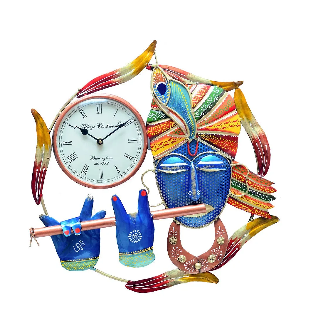 Medieval Arts Iron Decorative Krishna Figure with Wall Clock for Living Room & Hall, Multicolour