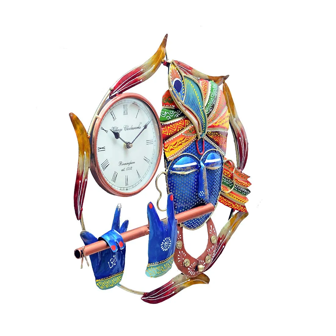 Medieval Arts Iron Decorative Krishna Figure with Wall Clock for Living Room & Hall, Multicolour
