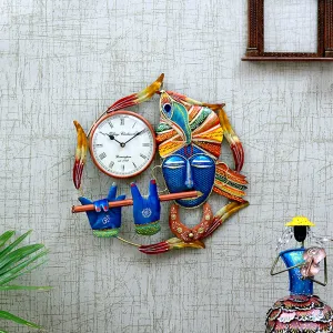 Medieval Arts Iron Decorative Krishna Figure with Wall Clock for Living Room & Hall, Multicolour