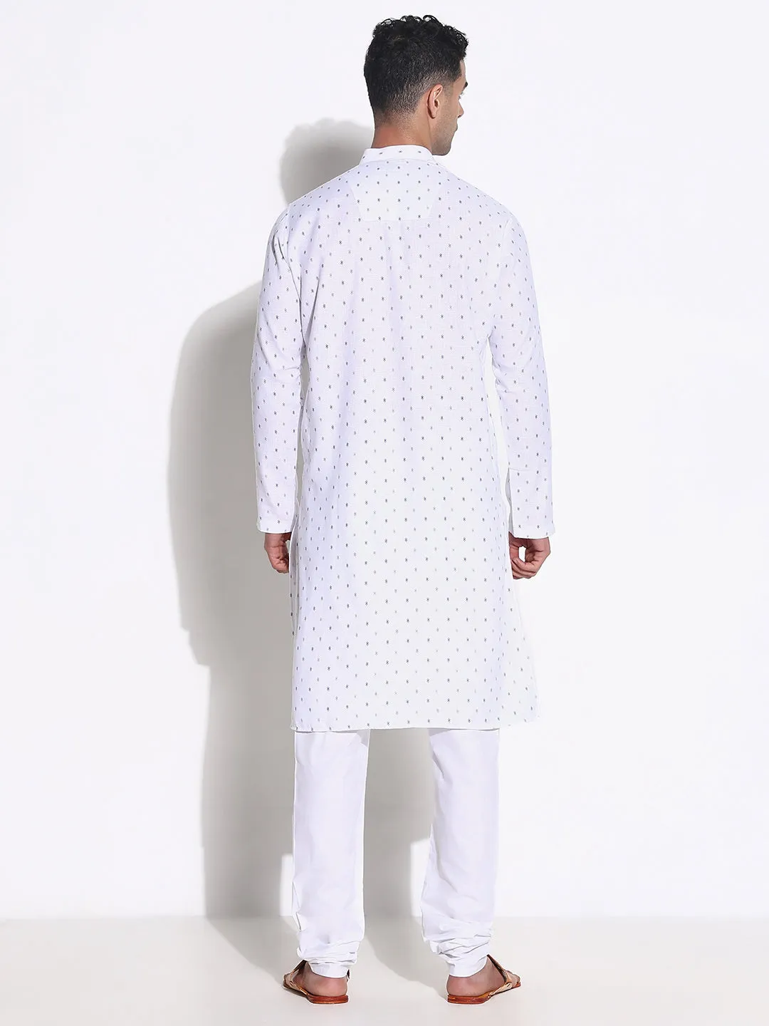 Men White Geometric Kurta Set