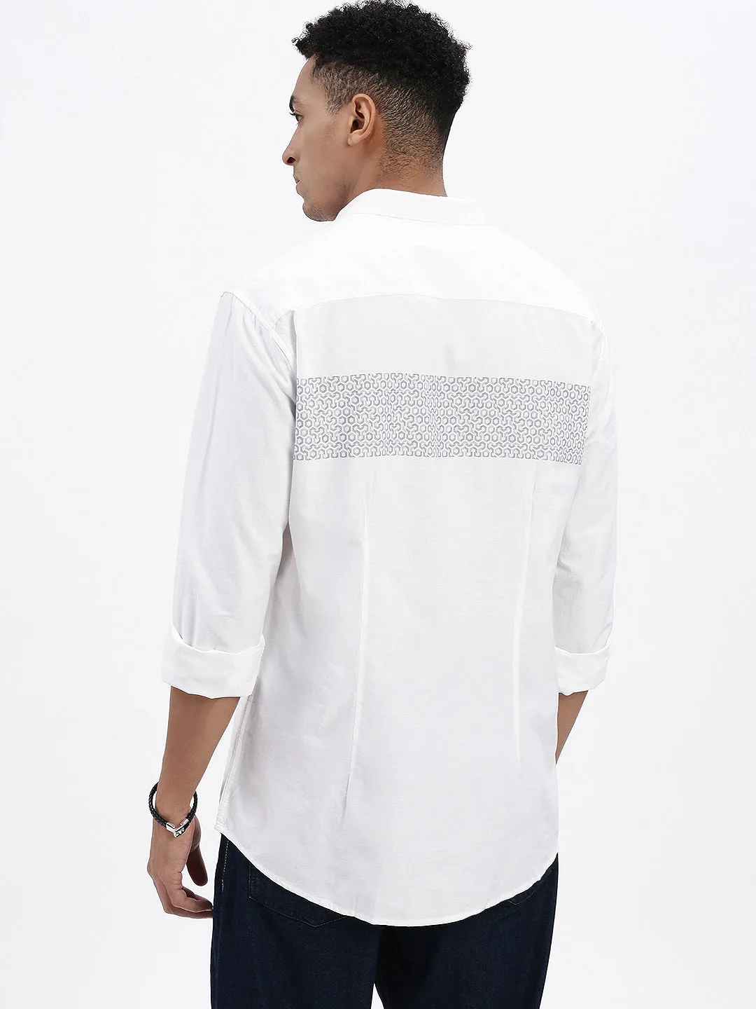 Men White Premium Spread Collar Geometric Printed Cotton Slim Fit Casual Shirt
