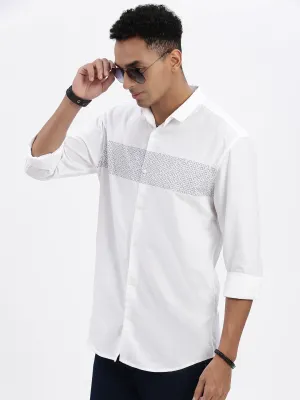 Men White Premium Spread Collar Geometric Printed Cotton Slim Fit Casual Shirt