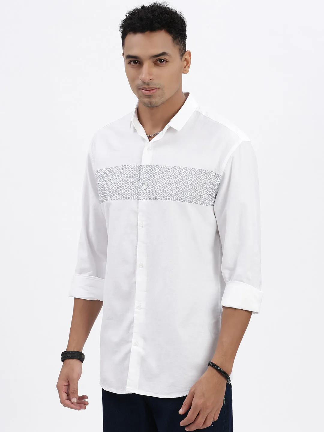 Men White Premium Spread Collar Geometric Printed Cotton Slim Fit Casual Shirt