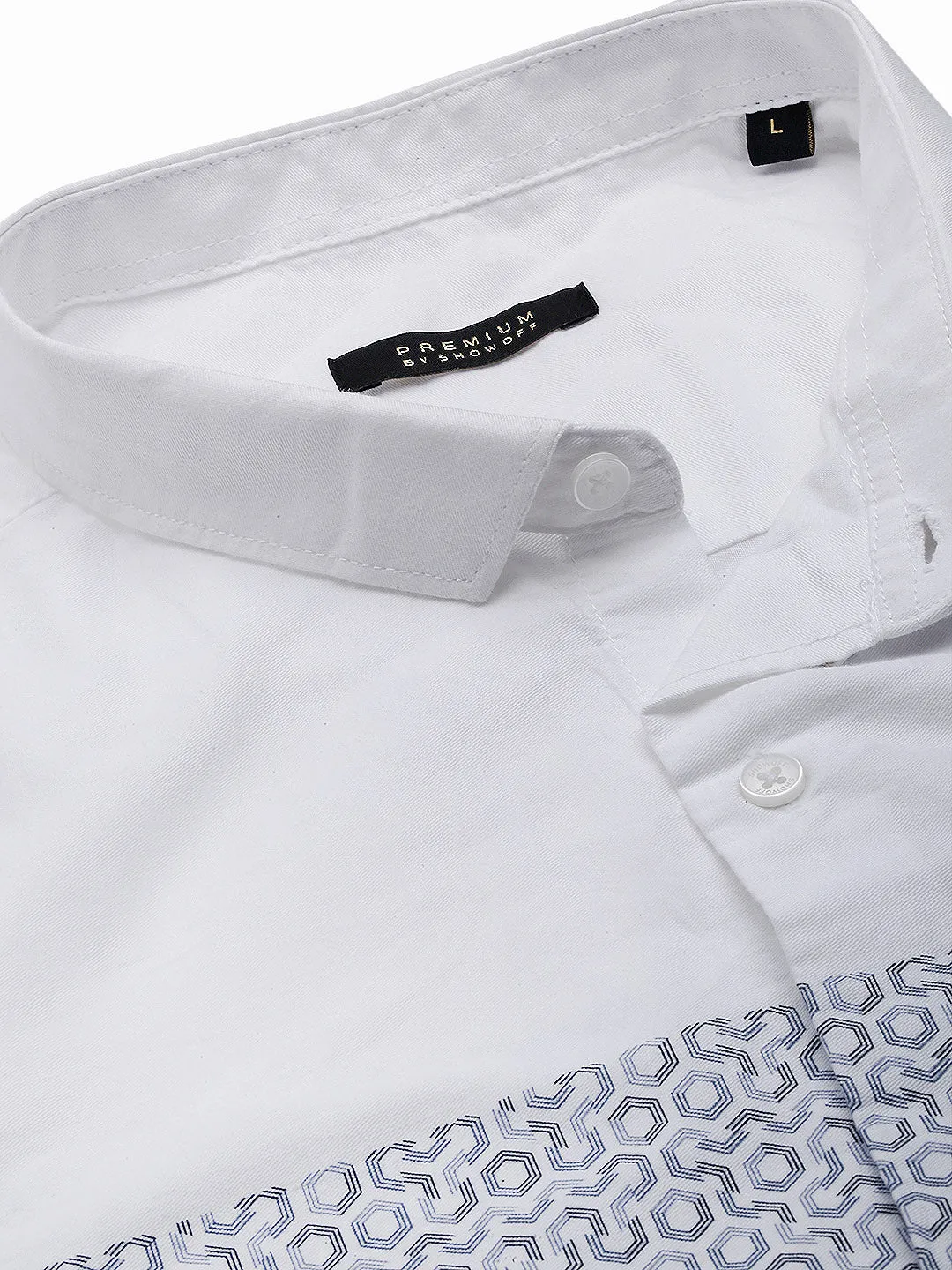 Men White Premium Spread Collar Geometric Printed Cotton Slim Fit Casual Shirt