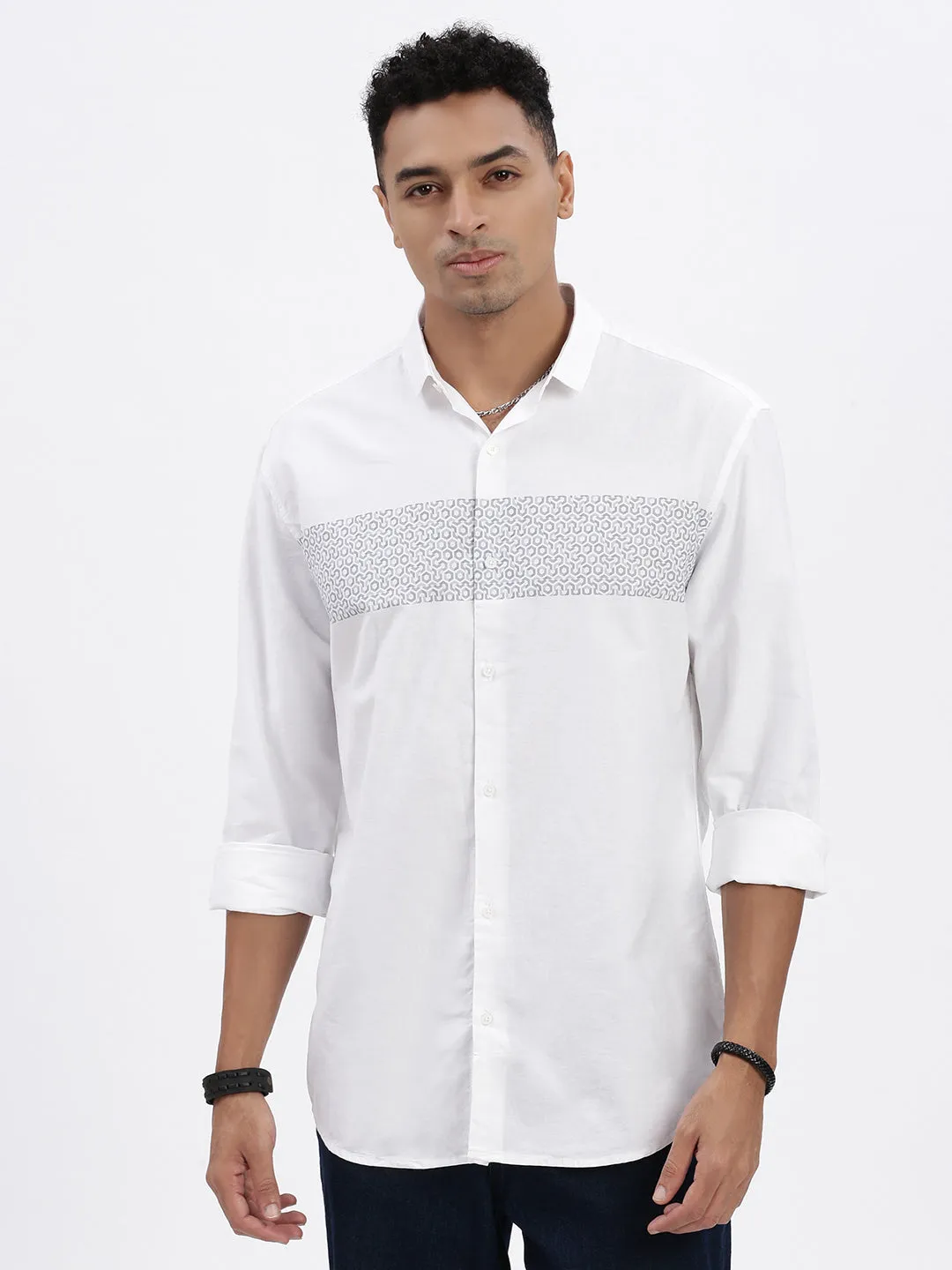 Men White Premium Spread Collar Geometric Printed Cotton Slim Fit Casual Shirt