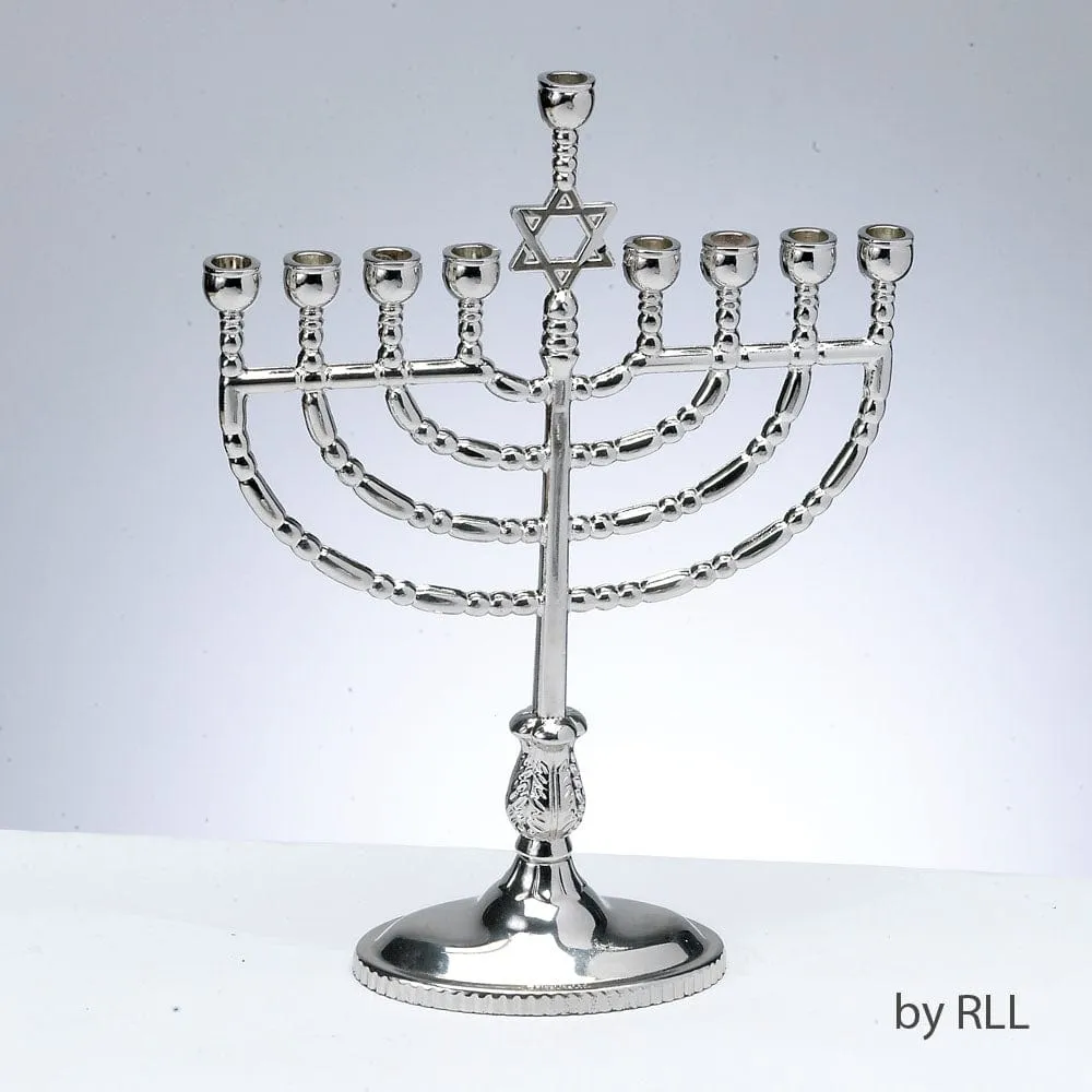 Menorah,"traditional",aluminum,polished Silvertone,7"x9", Carded